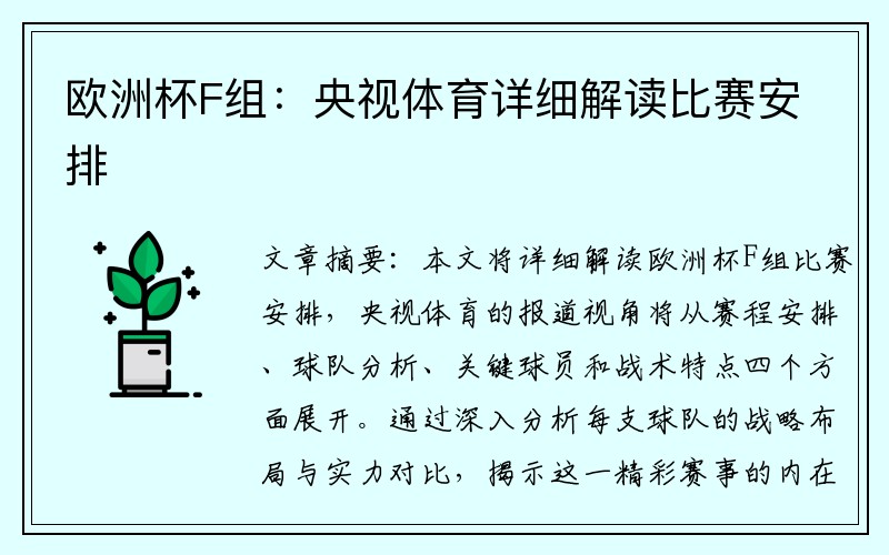 欧洲杯F组：央视体育详细解读比赛安排